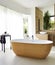 Minimalist interior design of modern bathroom with ellipse bath with wooden panel. Created with generative AI