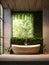 Minimalist interior design of modern bathroom with wooden bath and greenery