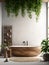 Minimalist interior design of modern bathroom with wooden bath and greenery