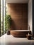 Minimalist interior design of modern bathroom with wooden bath and greenery