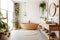 Minimalist interior design of modern bathroom with wooden bath and greenery. Created with generative AI