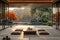 Minimalist Japanese tea house with tatami mats and calligraphy3D render