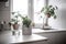 minimalist kitchen with shabby chic decor and concrete flowerpot houseplant