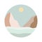 Minimalist landscape. Abstract aesthetic round composition with mountains, sun and sea. Contemporary illustration in