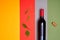 Minimalist layout of wine bottle on geometry colorful background