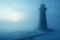 A minimalist lighthouse landscape with a mystical and enchanting mood in a frozen landscape, dense fog