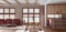 Minimalist living, dining room and kitchen in red and beige tones. Fabric sofa and wooden dining table with benches, island with