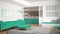 Minimalist living room with sofa, big round carpet and kitchen i