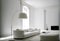 minimalist living room with white walls and a large statement floor lamp in the corner (AIgen)