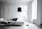 minimalist living room with white walls and a large statement floor lamp in the corner (AIgen)