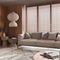 Minimalist living room with wooden walls in beige tones. Fabric sofa with pillows, window with venetian blinds, carpets and paper