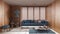 Minimalist living room with wooden walls in blue tones. Fabric sofa with pillows, big window with venetian blinds, carpets and