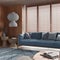 Minimalist living room with wooden walls in blue tones. Fabric sofa with pillows, window with venetian blinds, carpets and paper