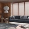 Minimalist living room with wooden walls in gray tones. Fabric sofa with pillows, window with venetian blinds, carpets and paper