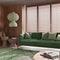 Minimalist living room with wooden walls in green tones. Fabric sofa with pillows, window with venetian blinds, carpets and paper