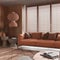Minimalist living room with wooden walls in orange tones. Fabric sofa with pillows, window with venetian blinds, carpets and paper