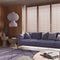 Minimalist living room with wooden walls in purple tones. Fabric sofa with pillows, window with venetian blinds, carpets and paper