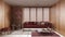 Minimalist living room with wooden walls in red tones. Fabric sofa with pillows, big window with venetian blinds, carpets and