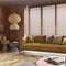 Minimalist living room with wooden walls in yellow tones. Fabric sofa with pillows, window with venetian blinds, carpets and paper