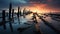 Minimalist Longshore Drift: Decaying Wooden Posts On Beach At Sunset