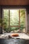 minimalist meditation room with a large window and nature view