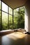 minimalist meditation room with a large window and nature view