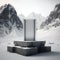 Minimalist metal podium against a snowy stone mountain range background AI generation