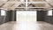 Minimalist mezzanine loft, empty industrial space, wooden roofing and parquet floor, scandinavian classic interior design with ga