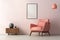 Minimalist modern corner living room interior design in peach fuzz accents, in daylight,angled shot