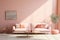 Minimalist modern corner living room interior design in peach fuzz accents, in daylight,angled shot