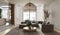 Minimalist modern interior  scandinavian design. Beige studio living room. Light design large modular sofa, carpet, armchair,