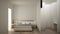 Minimalist modern white and wooden bedroom with walk-in closet, parquet floor, double bed, bedside tables and desk, contemporary