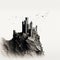 Minimalist Monochromatic Castle Illustration On Hilltop