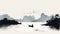 Minimalist Monochromatic Illustration Of Asian Coast With Boats