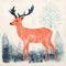 Minimalist Monotype Print: Retro Animal Poster With Antlers And Snow