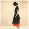 Minimalist Monotype Print Of Retro Female In Black, Red, And White Dress