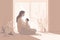 Minimalist Mother\\\'s Day illustration that depicts a mother and child in a peaceful indoor setting.