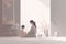 Minimalist Mother\\\'s Day illustration that depicts a mother and child in a peaceful indoor setting.