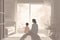 Minimalist Mother\\\'s Day illustration that depicts a mother and child in a peaceful indoor setting.