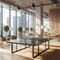 A minimalist office with a sleek glass ping pong table for emp
