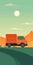 Minimalist Orange Delivery Truck Driving Through Superflat Countryside