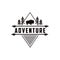 Minimalist outdoor adventure badge logo with pine trees, bison and arrow vector illustration