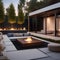 A minimalist outdoor patio with sleek furniture, a fire pit, and a serene water feature1