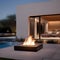A minimalist outdoor patio with sleek furniture, a fire pit, and a serene water feature3