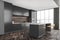 Minimalist panoramic grey kitchen with home bar