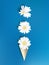 Minimalist pastel white daisy flowers in ice cream cone on dark blue background
