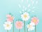 Minimalist pastel white and pink daisy flowers with flying petals on blue background