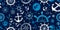 Minimalist pattern with anchors, ship wheels, and compasses, navy blue and white color scheme