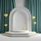 Minimalist podium with yellow hearts and gray curtain for mockup