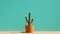 Minimalist Potted Cactus On Turquoise Background